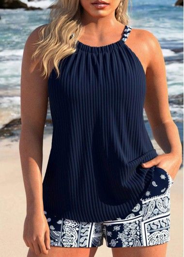 Patchwork Tribal Print Navy Tankini Set