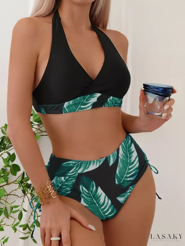 Lasaky - Stylish Leaf Print Halter Neck Bikini Set with Contrast, Drawstring Tie Side High Cut Two Piece Swimsuit for Women - Premium Swimwear & Clothing