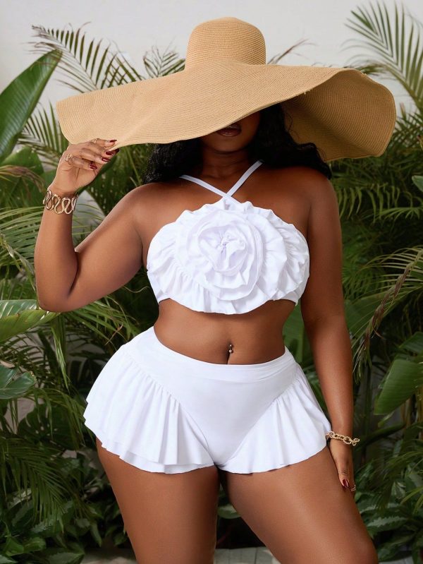 Plus Size Party & Holiday Exaggerated 3D Floral Ruffle Trim Bikini Set Swimwear Set, For Summer Beach Vacation