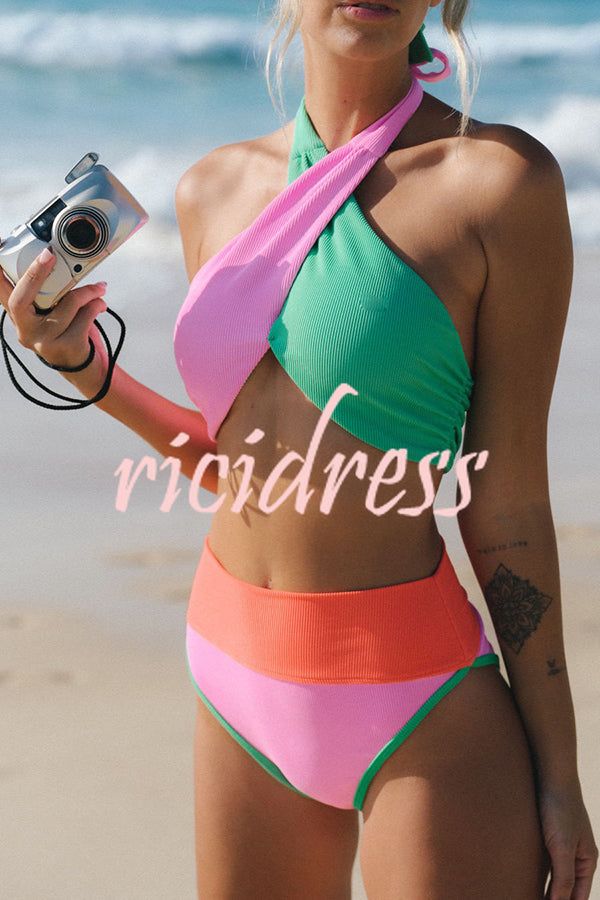 Summer Brights Ribbed Color Block Cross Halter Neck High Rise Bikini Swimsuit