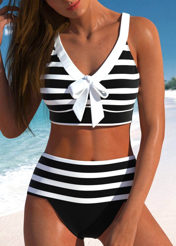 ROTITA Bowknot Wide Strap Black Striped Bikini Top-No Bottom