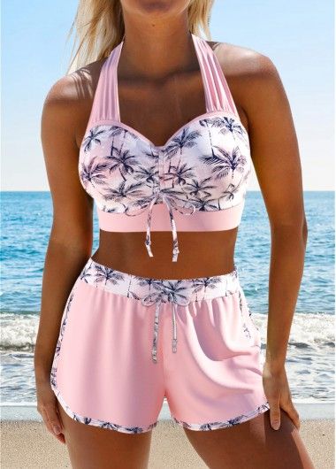 Drawstring Tropical Plants Print Light Pink Bikini Set