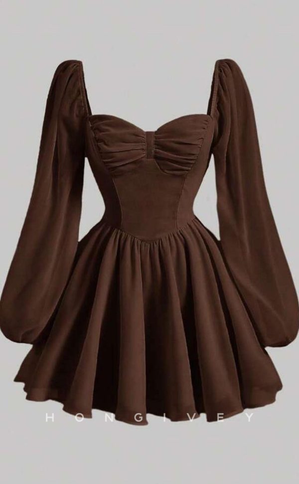 H2056 - Casual Satin A-Line Sweetheart Long Sleeve Ruched Short Party/Homecoming Dress - Red