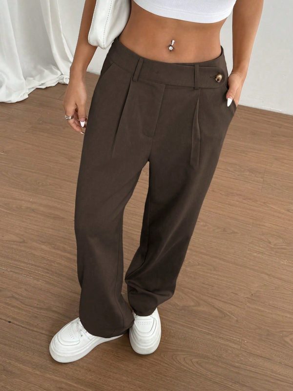 1pc Women Khaki Asymmetrical Waist Casual, Daily, Commute, Shopping Pants