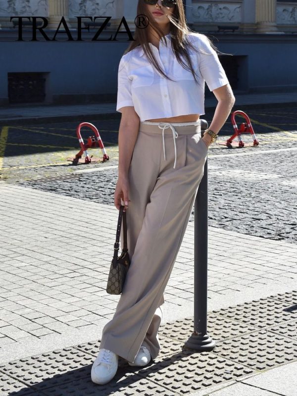 TRAFZA 2024 Women Patchwork Drawstring Long Pants Solid Wide Leg Pant Woman Fashion Versatile Casual