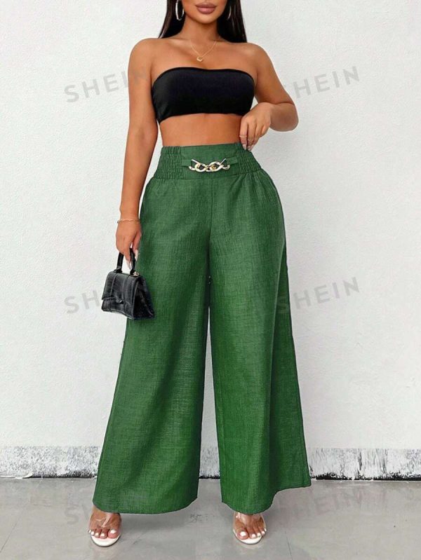 EMERY ROSE Women's Loose Wide Leg Blue Pants With Metal Chains For Summer Casual