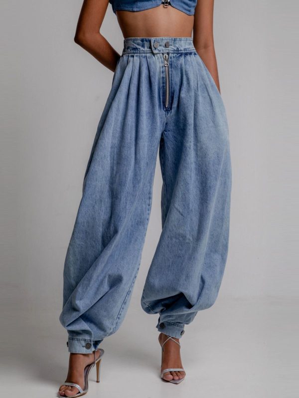 Women Spring High Waist Zipper Denim Loose Harem Trousers Jeans Female Vintage Balloon Pants Ladies