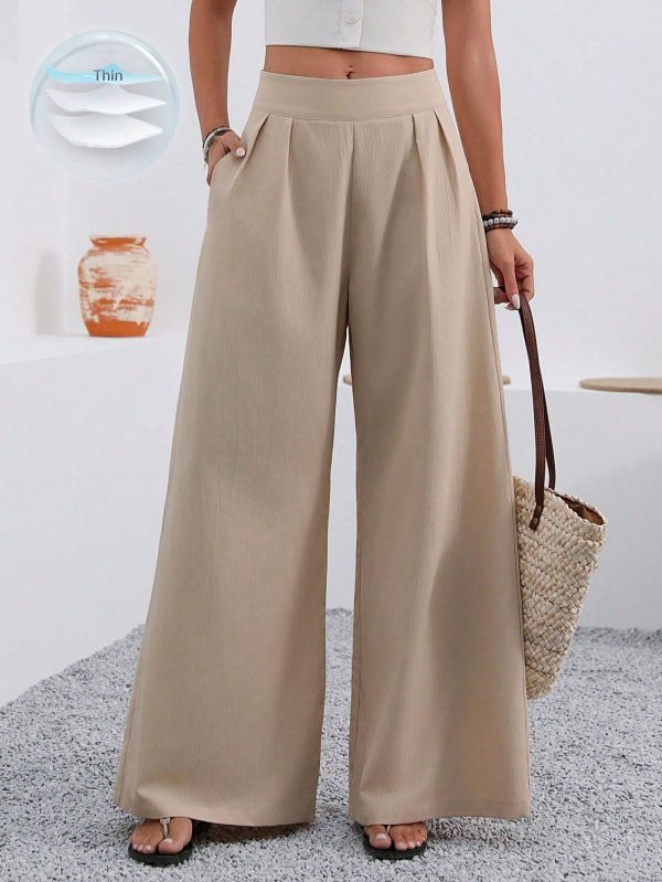 Women's Casual Pleated Waist Wide Leg Pants With Pockets, Apricot & Camel Color, Suitable For Outing, Dating, Vacation In Summer