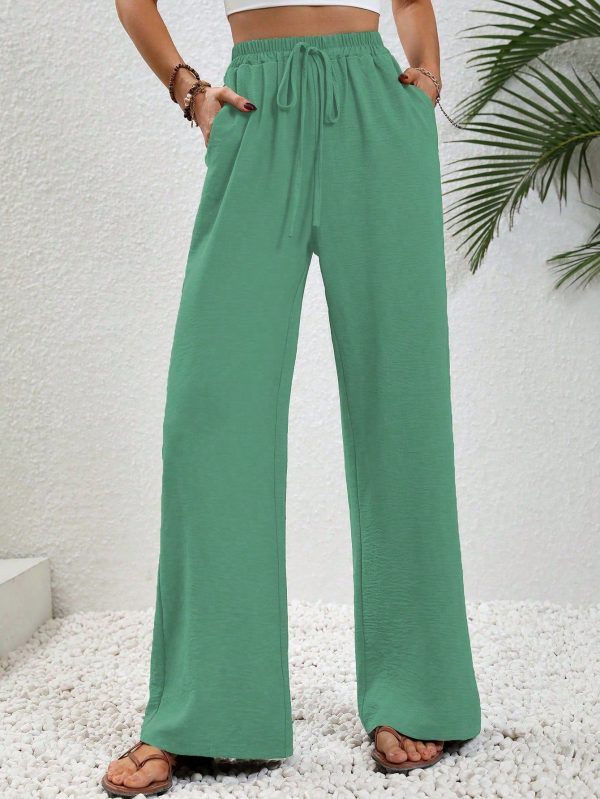 Women's Solid Color Tie Waist Pocket Straight Leg Loose Casual Pants, Versatile