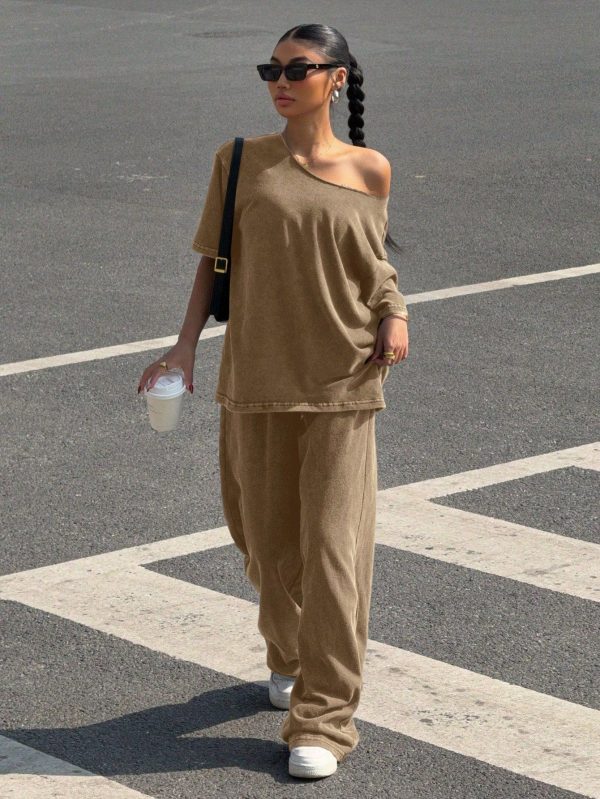 2 Pieces Set: Khaki Vintage Washed Loose Oblique Shoulder T-Shirt And Pants,Summer Sets