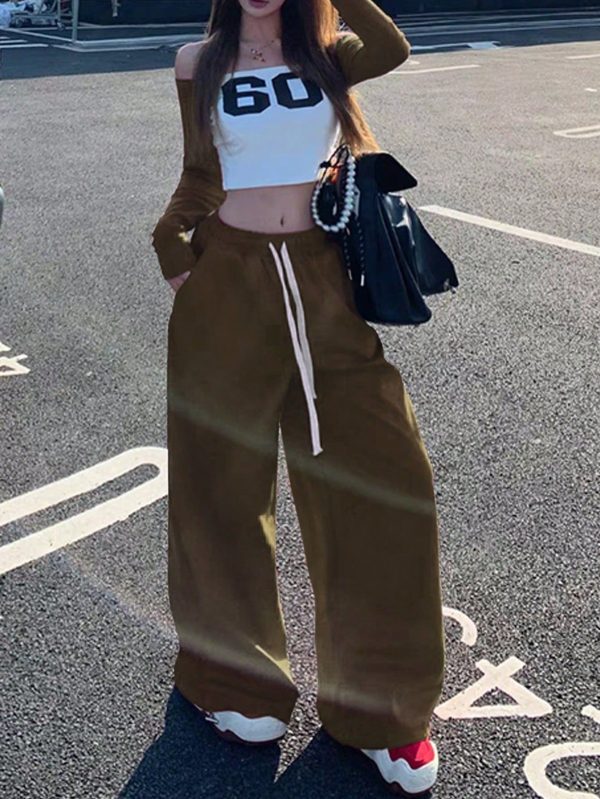 2pcs Set Women Casual Contrast Splice Number Print Shoulder Top And Drawstring Waist Wide Leg Pants