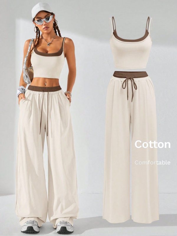 2pcs Women's Fashion Street Style 2 In 1 Color Block Camisole Top And Pants Matching Set, Suitable For Spring And Summer,Summer Sets