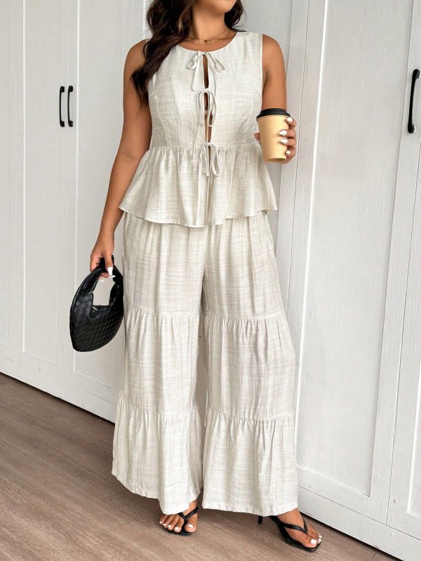 Plus Size Casual Summer Versatile Women 2 Pieces Set With Ruffles, Includes Blouse & Pants, Suitable For Daily Wear & Beach Vacation