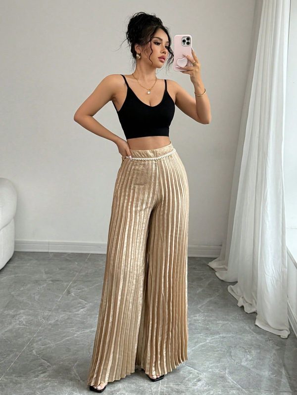 Women's Elegant Pearl Decor Pleated Wide-Leg Pants, Suitable For Summer Vacation