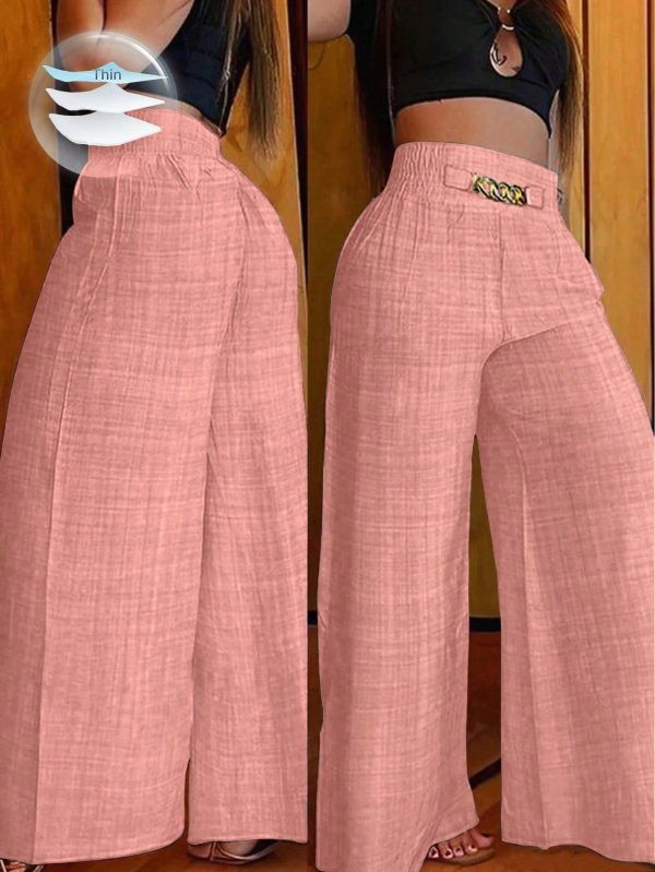 Casual Metal Chain Embellished Wide Leg Linen Khaki Pants For Women, Loose Fit, Autumn