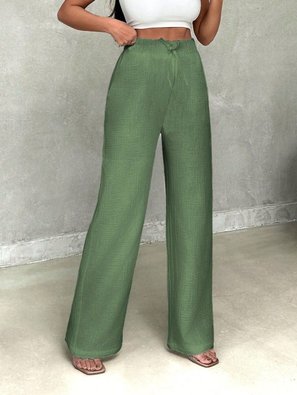 Women's Casual Pants With Solid Color Drawstring Waist And Loose Fit With Slant Pockets