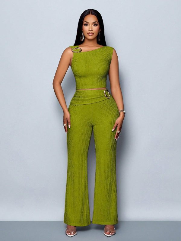 Women Outfits Spring/Summer Casual Daily Wear Solid Color Asymmetrical Neck Top & Flare Leg Pants Two Pieces
