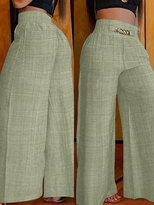 Women's Casual Metal Chain Decorated Loose Wide Leg Linen Khaki Pants, Autumn