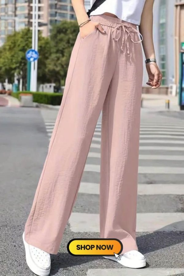 Solid Drawstring Pants, Casual Long Length Elastic Waist Wide Leg Pants