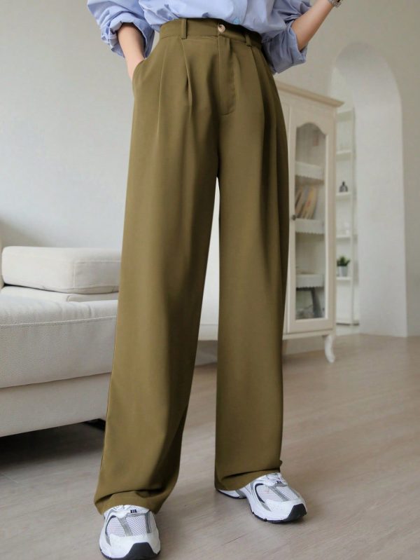 Women's Loose Straight Leg Casual Pants With Pockets & Pleats