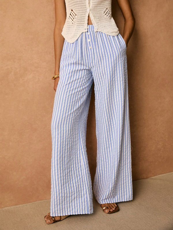Blue And White Striped Pants, Wide Leg Pants, Casual And Comfortable, Easy To Wear,Women's Striped Minimalist Design Pants, Suitable For Summer, Women Wide Leg Pants Women Summer Pants