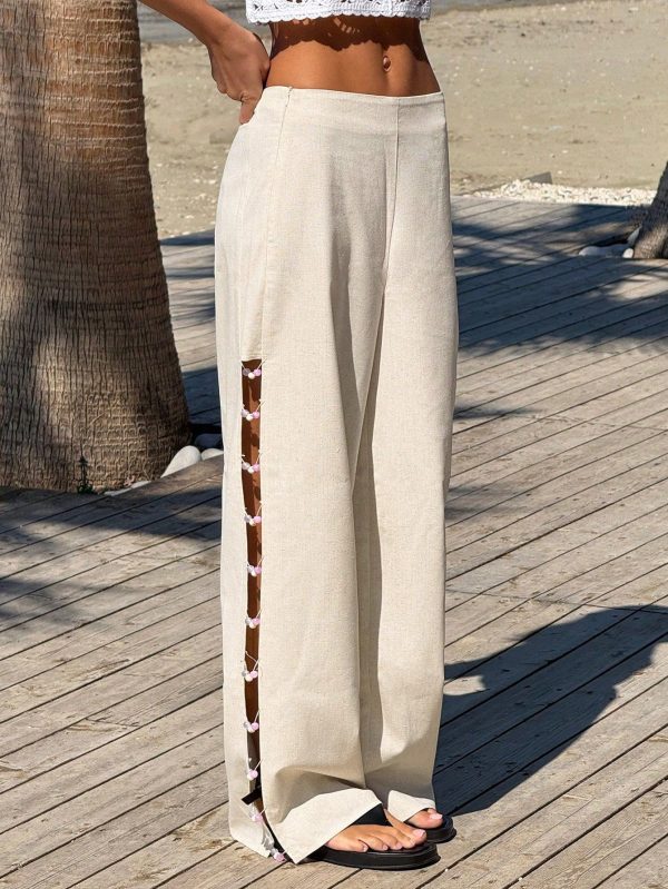 Women's Linen Side Beaded Decoration Hollow-Out Design Wide Leg Loose Pants,,Spring / Summer Clothes ,Beach Outfits For Women