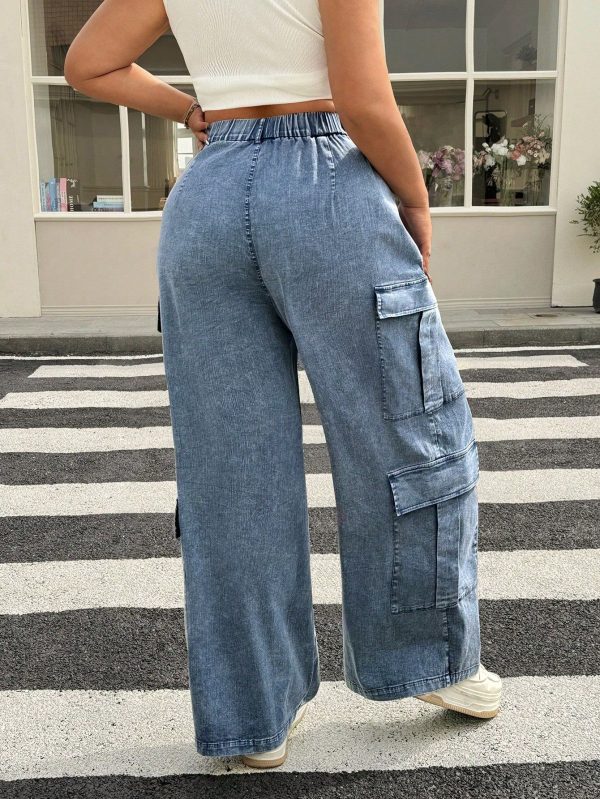 Plus Size Women's Acid Washed Look Vintage Knitted Distressed,Streetwear,Grunge Clothes,Blue Flared Leg Cargo Pants,Spring Summer Clothes