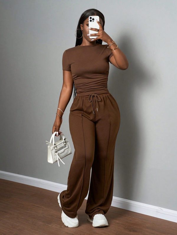 2025 New Women's Casual Solid Color Round Neck Slim Short Sleeve T-Shirt And Drawstring Waist Straight Pants Two-Piece Set, Spring And Summer, Brown, Suitable For Music Festivals, Easter, St. Patrick, Daily Outings, Parties, Graduation Season, Sports And Leisure,Daily Basic , Back To School, Party