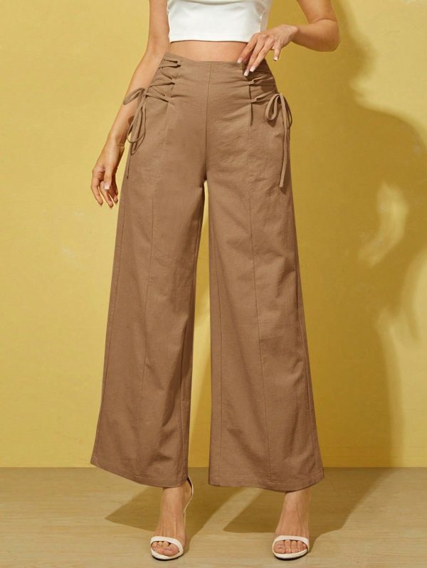 Women's Solid Color Side Tie Waist Wide Leg Loose Casual Woven Pants