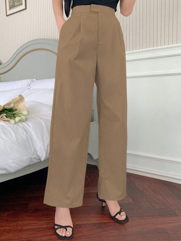 Women's Solid Color Pleated Pocketed Casual Work Pants