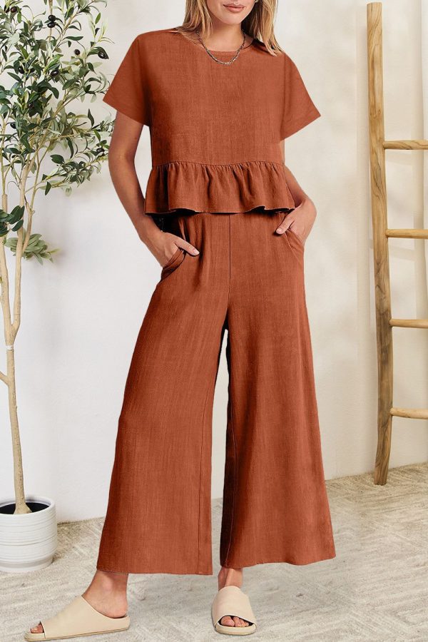 Hazel Blues® |  Peplum Round Neck Short Sleeve Top and Pants Set - Rust / S