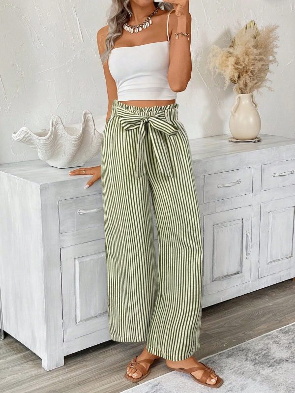 Striped Casual Pants For Women, New Loose Straight-Leg Wide Leg Trousers With Draping Effect, Elongating, Spring & Autumn