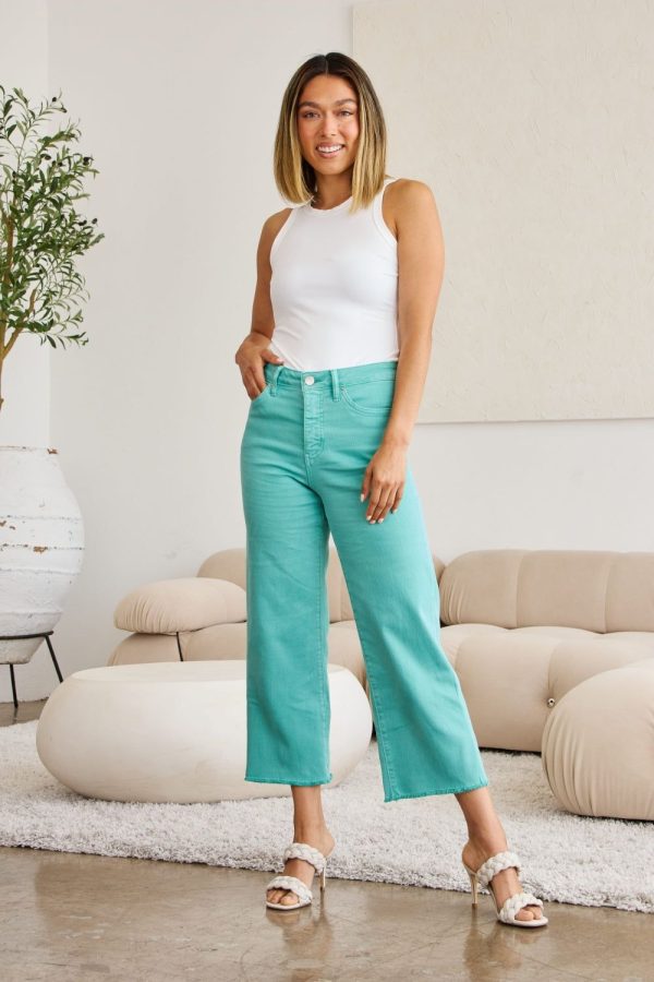 Hazel Blues® |  RFM Crop Chloe Tummy Control High Waist Raw Hem Jeans - Island Green / 23