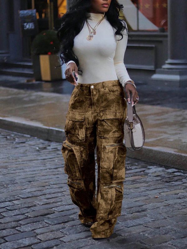 Women's Loose Work Pants With Multiple Side Pockets, Zipper And Button Design, Street Style High Waisted Casual Pants, Non Elastic, Comfortable Multi-Functional Pants