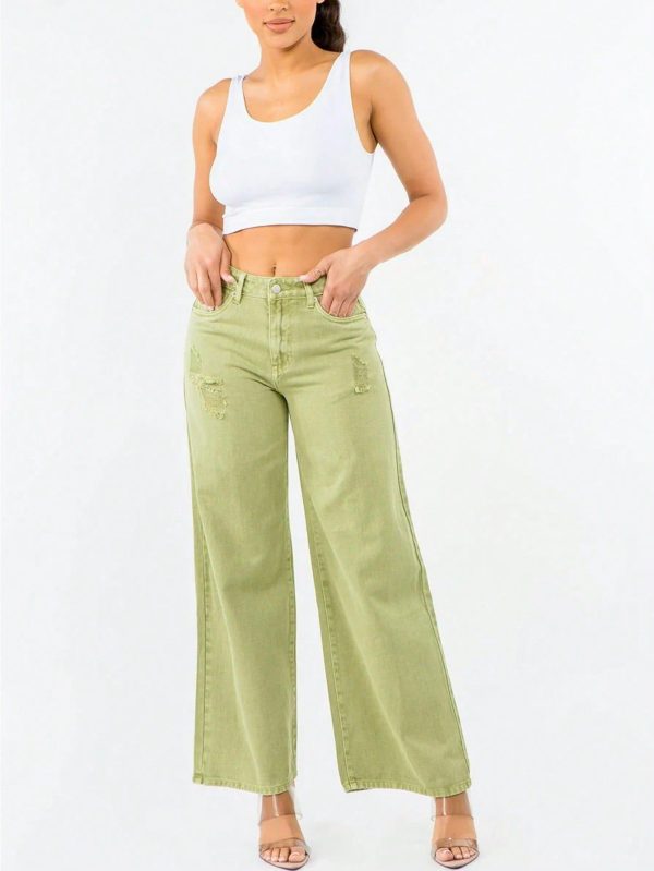 Womens Casual Wide Leg Chic Distressed Ripped Detail Denim Jeans High Waisted Loose Fit Sage Green Palazzo Pants Fashion Street Style Spring Summer Everyday Wear