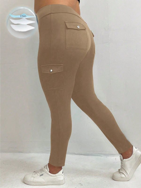 Plus Size Casual Solid Color Pocket Pants, Minimalist Style