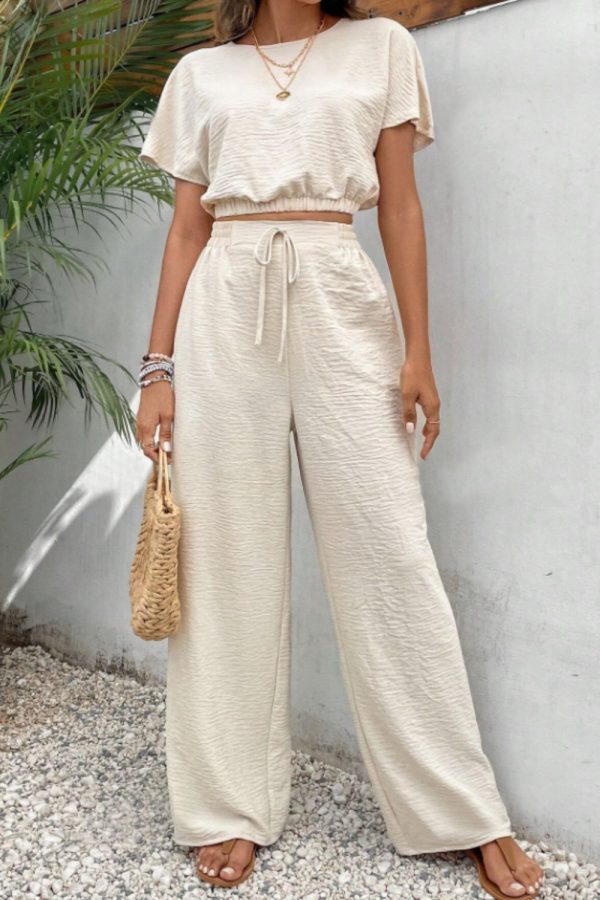 Round Neck Short Sleeve Top and Pants Set - Beige / S