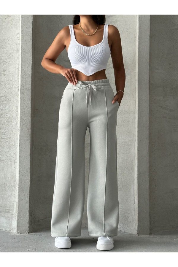 Pantaloni de trening Palazzo cu iarbă gri - trei fire, talie elastică