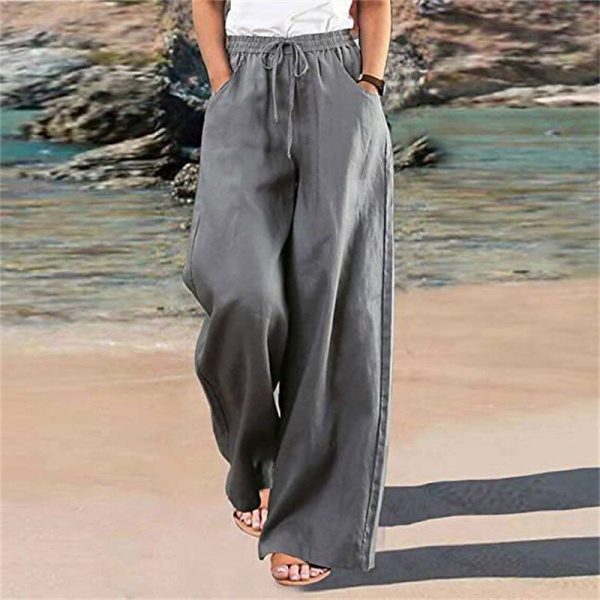 Women's Cotton Linen Pants Palazzo Pants Fashion Streetwear Comfort Full Length Mid Waist Plain Elastic Waist Comfy Outdoor Comfortable Street Daily Wear Going out Wine Black White Pink Summer Spring