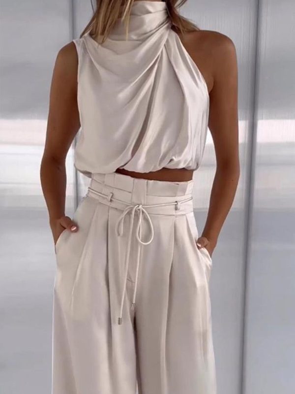 Drauuing Beige Two Piece Pants Sets Women Outfit Silk Pleated Texture Sleeveless Top Wide Leg Pants Set Summer Matching Sets - Red / S