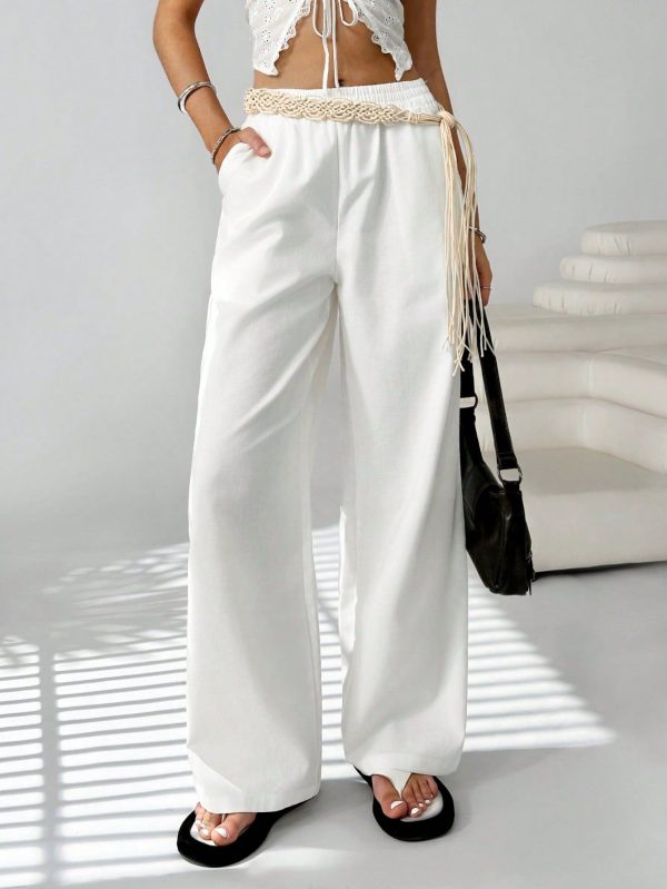 Women's Summer Casual, White Holiday Casual Retro Western, Braided Belt, Loose Casual Trousers, Free Belt
