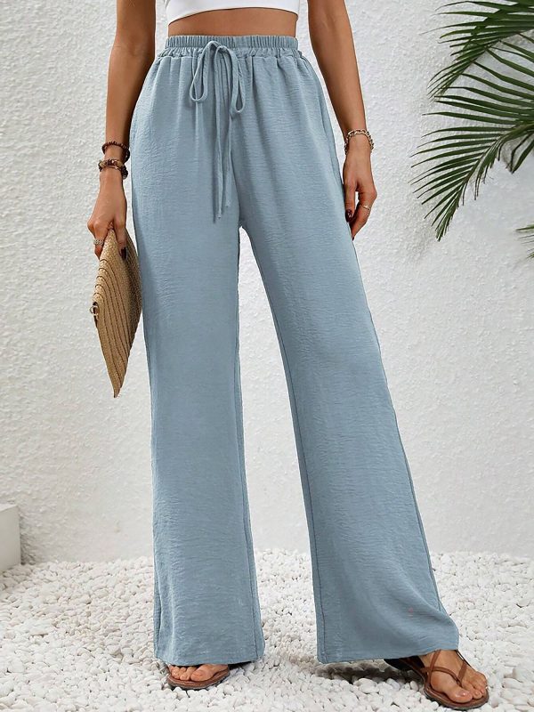 Solid Color Elastic Waist Casual Wide Legs Pants,Light Blue/L