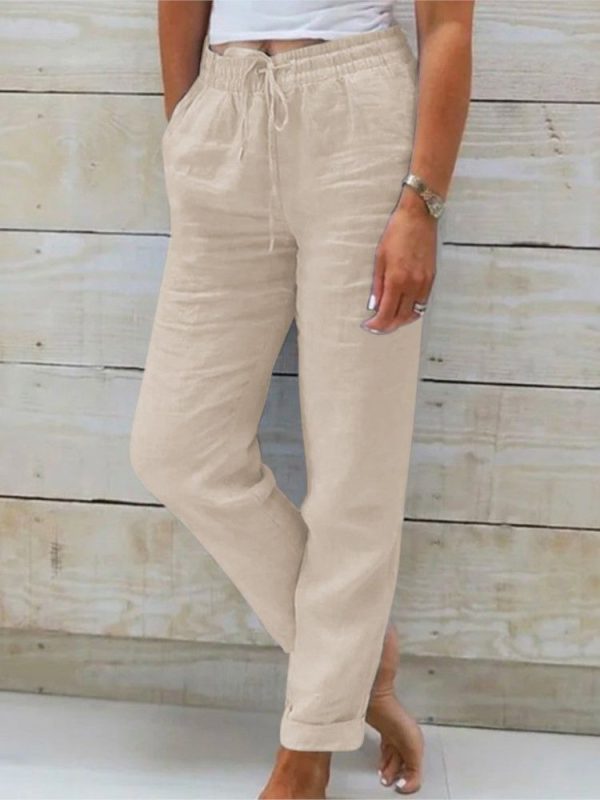 Fashion Summer Women Pants Cotton Solid Color High Waist Solid Color Pocket Straight Leg Pants