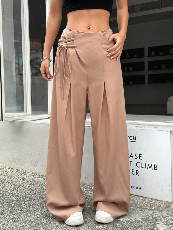High Waist Bowknot Linen Blend Wide Leg Pants