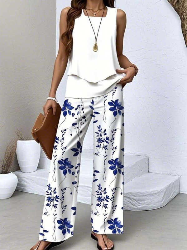 Women Floral Casual Two-Piece Sets Crew Neck Daily Top With Pants