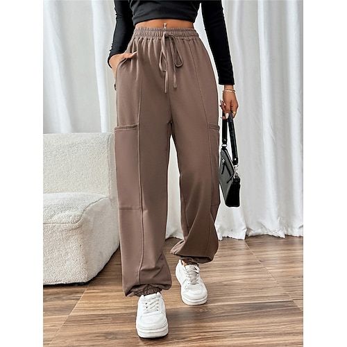 Women's Sweatpants Chinos Fashion Streetwear Full Length High Waist Plain Pocket Elastic Waistband Comfy Soft Comfortable Micro-elastic Outdoor Street Brown Fall Winter Regular Fit
