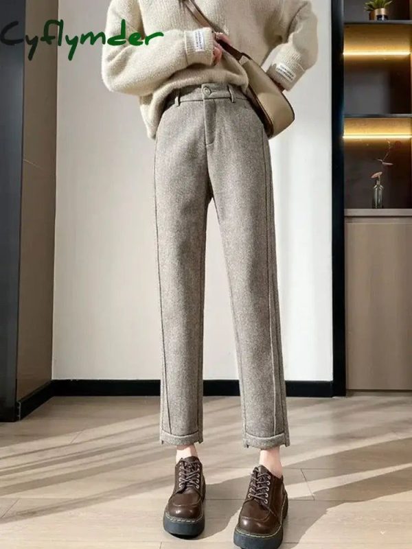 Cyflymder High-waisted Tweed Straight Pants Autumn/Winter New Women' S Pants Loose Casual Herringbone Warm Thickened Cropped Pants - Apricot / L