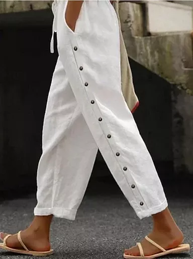 Women's Wide Leg Cotton Linen Pants Cropped Pants Fashion Streetwear Simple Ankle-Length High Waist Plain Pocket High Cut Straight Leg Comfort Breathability Soft Micro-elastic Vacation Street Daily 2025 - $25.99