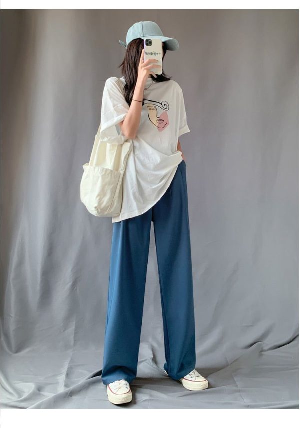 Women Summer Suit Pants Spring Office Lady New Autumn Candy Solid High Waist Female Straight Long Trousers blue(above 165)-S