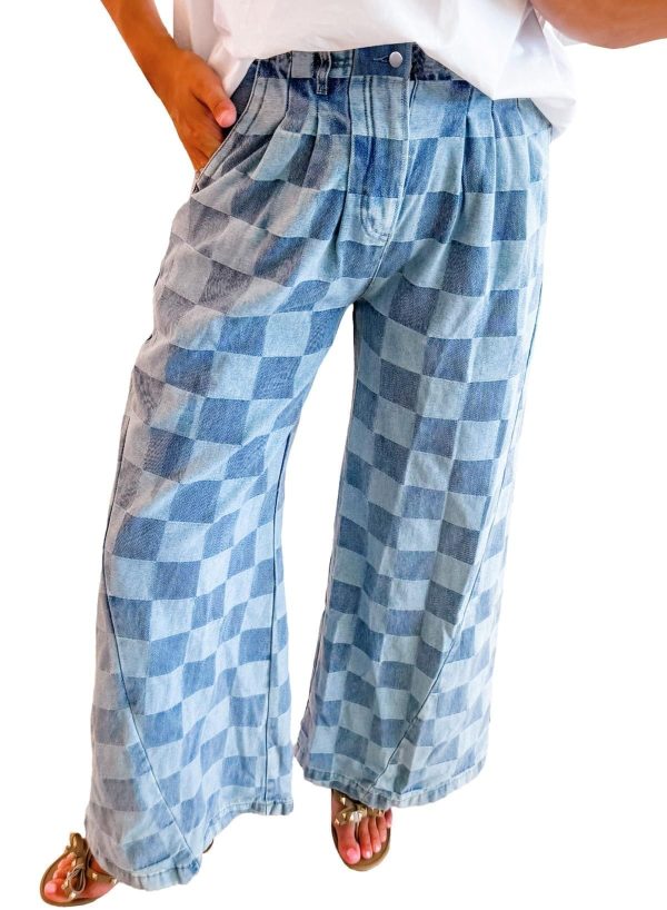 Melliflo Women Loose Wide Leg Straight Plaid Denim Pants Casual High Wasit Checkered Baggy Jeans with Pockets